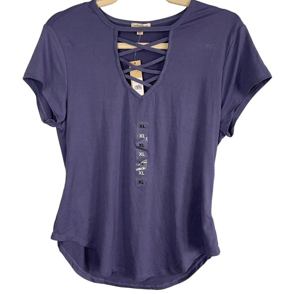 NWT Urbanology Womens Purple T-Shirt Criss Cross V-Neck XL
